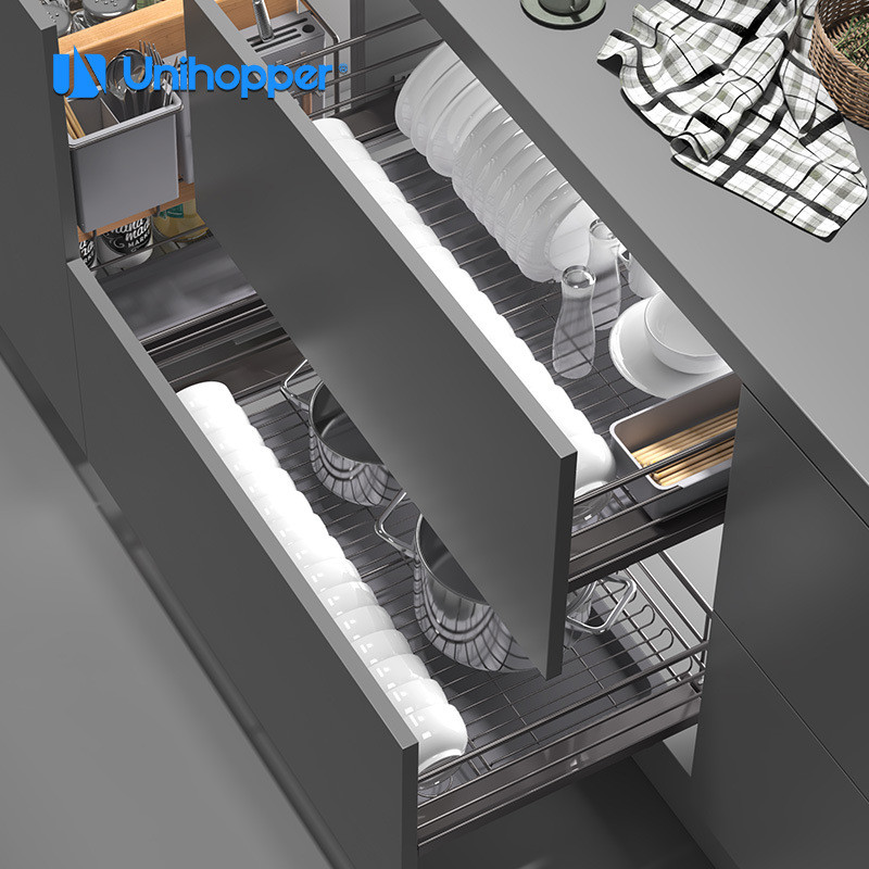 锅碗碟拉篮厨房放库博抽屉式橱柜三边抽屉式厨房收纳碗架双层拉篮