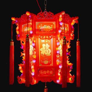 龙年仿古led插电旋转带亮灯龙灯中式六角宫灯新年阳台灯笼(一对)