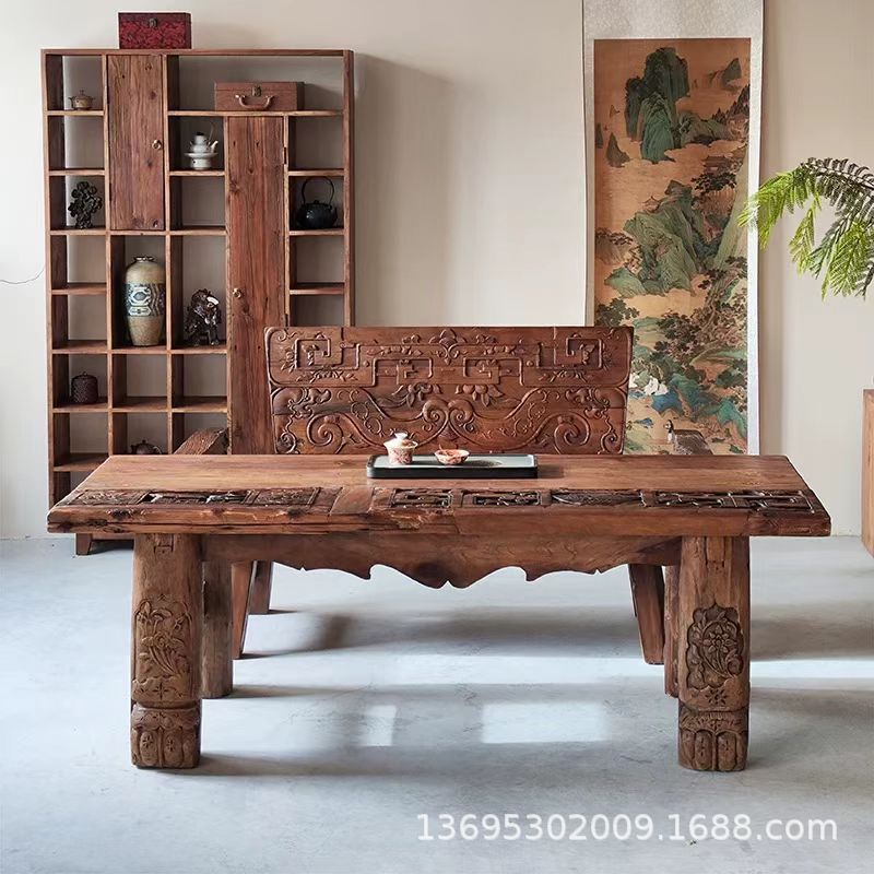 热销老榆木中式茶桌茶台客厅吃饭餐桌长方形大板桌榆木家具泡茶台