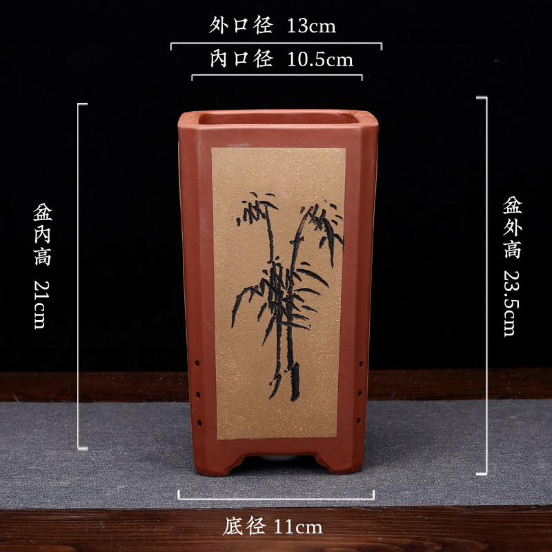 紫砂花盆桌面四方六角签筒刻绘盆景盆君子兰蕙兰个性陶瓷厂家批发