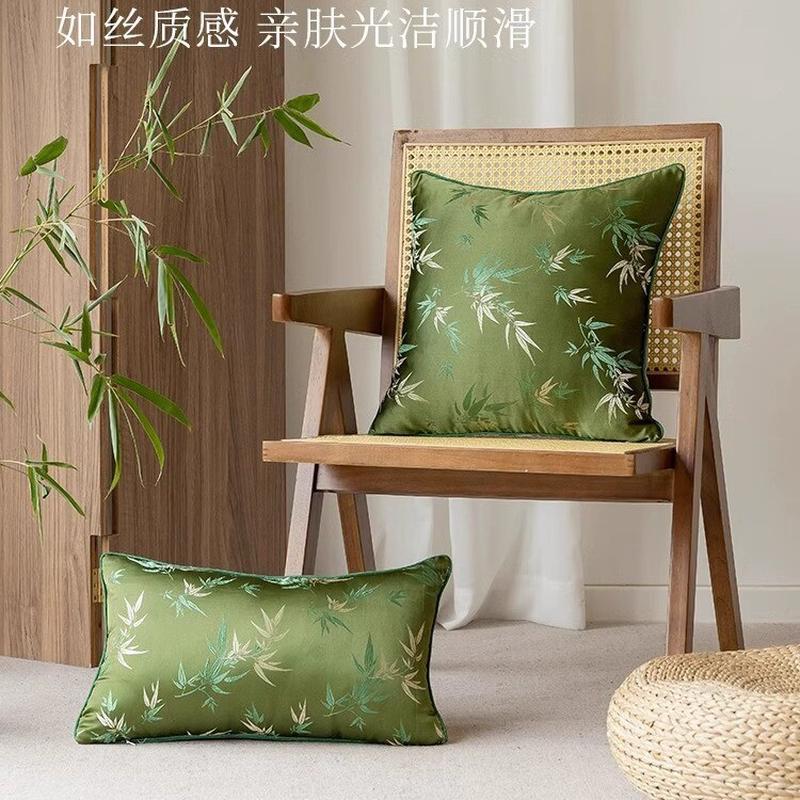 新中式刺绣竹叶抱枕中古风样板间高级感轻奢靠枕客厅复古沙发靠垫