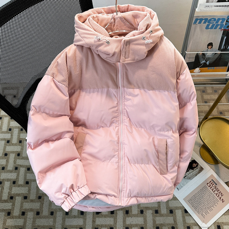 时尚羽绒棉衣男女潮流个性拼接灯芯绒棉袄加厚情侣棉服连帽子新款