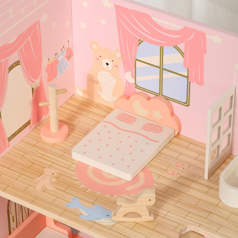 热销儿童木制房娃娃过家家仿真粉色公主别墅亲子互动角色扮演休闲