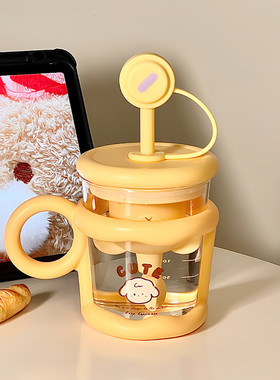 夏季黄色女生高颜值吸管带刻度茶仓可爱玻璃杯办公室带把手水杯子