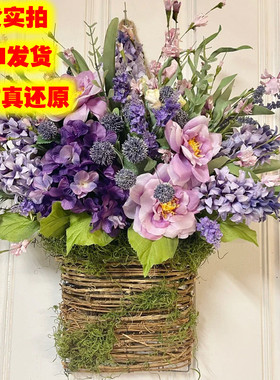 薰衣草蓝花环花篮母亲节花环紫色薰衣草仿真花蓝门挂家居装饰品