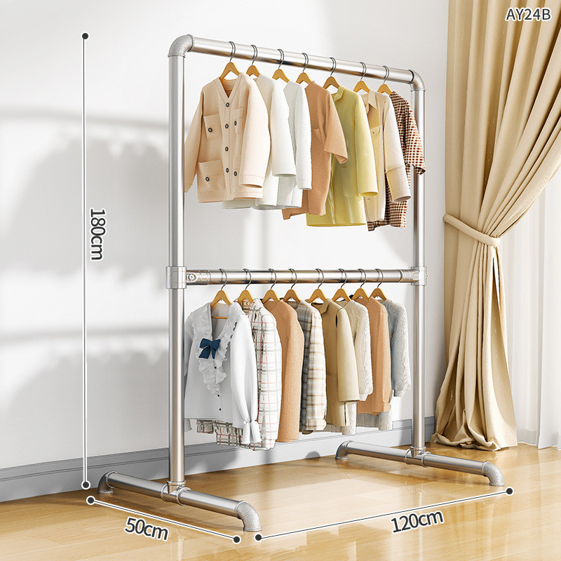 供应简易家用阳台加粗落地钢管双层卧室大容量晾衣架晾衣杆