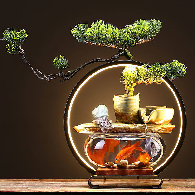 迷你鱼缸创意桌面小型循环流水透明水族箱玄关生态家用造景摆件