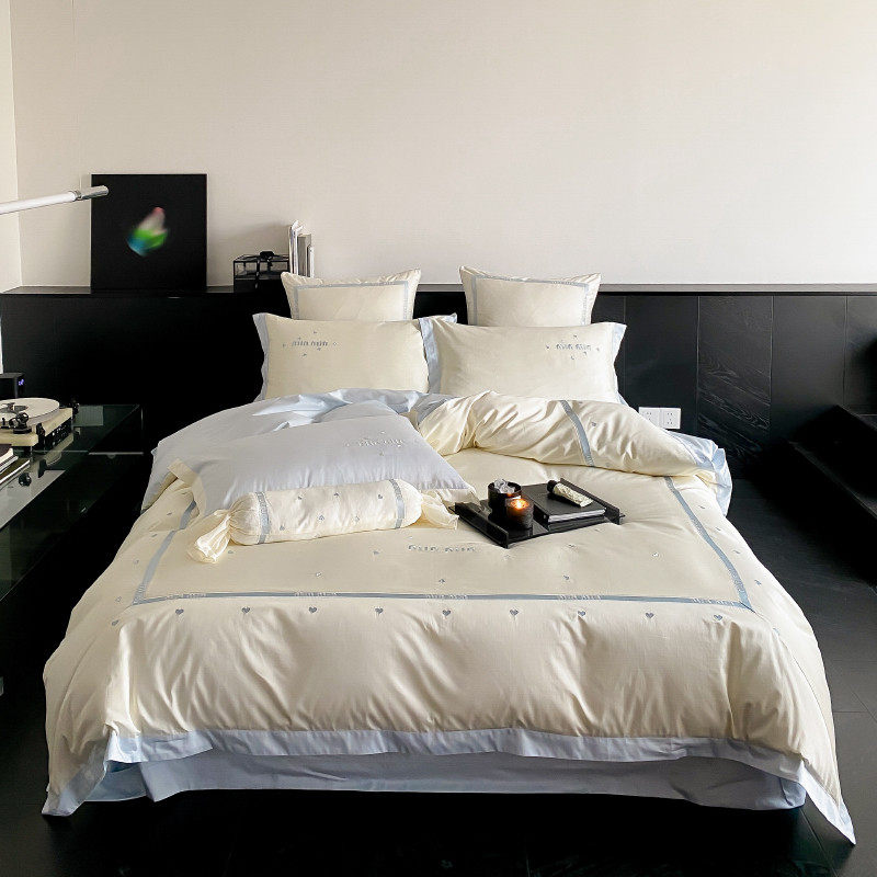 tuf4少女心100s高支床上四件套简约爱心刺绣被套1.8米长绒棉