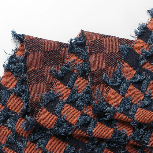 流苏边棋盘格彩色洗水牛仔布料提花布仔服装剪花肌理全棉帽鞋面料