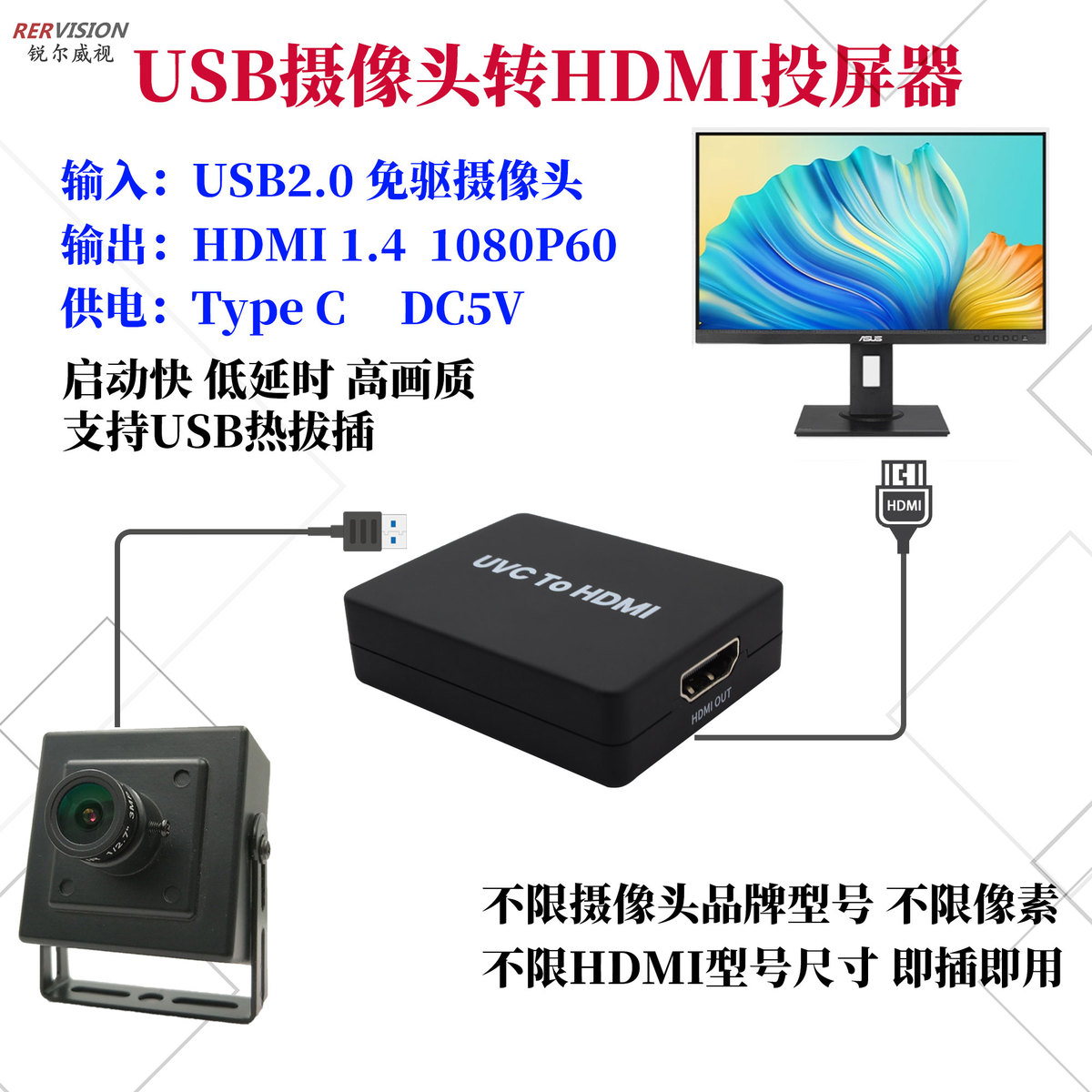 USB摄像头转HDMI视频投屏模块UVC免驱1080P MJPEG/YUV适用pocket3