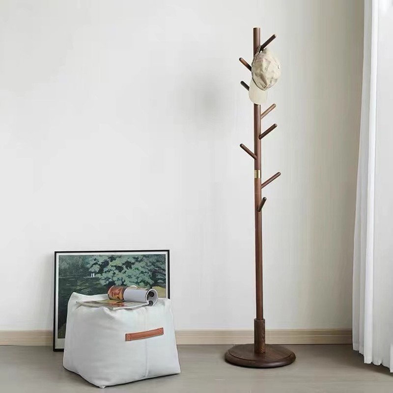 黑胡桃木衣架落地挂衣架卧室单杆简约现代家用进门实木衣帽架子