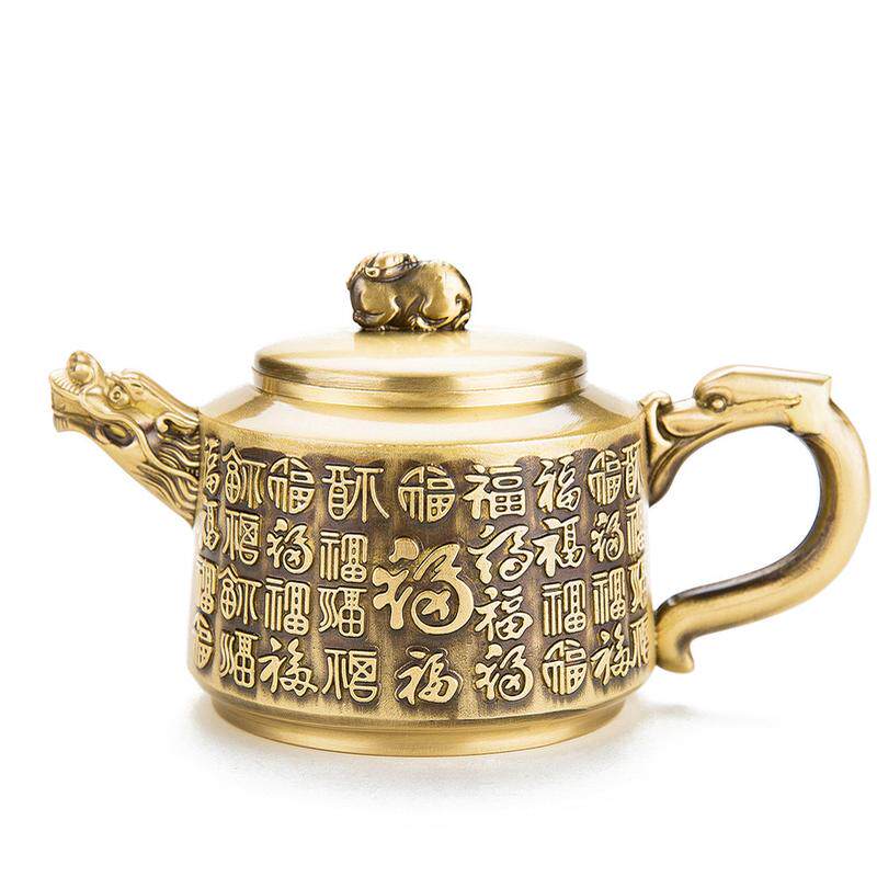 黄铜复古福字龙头茶壶高档浮雕摆件茶具铜壶家居装饰金属礼品