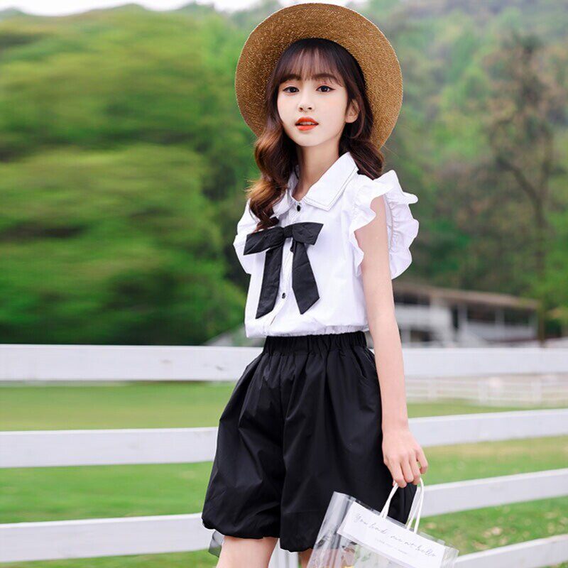 女童套装夏季花苞短裤衬衫裤裙时髦大童夏装洋气儿童装休闲两厂家