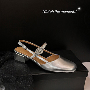 银色包头粗中跟4cm羊皮凉鞋 韩版 女夏新款 轻奢水钻花扣玛丽珍凉鞋