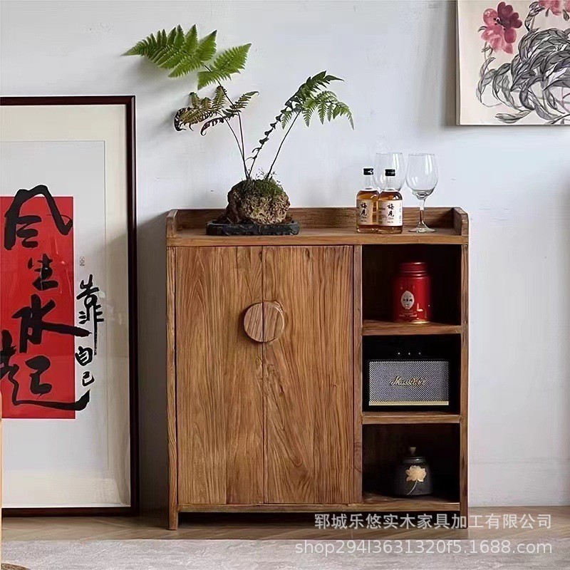 新中式老榆木柜子家居客厅高脚杯红酒收纳柜玄关实木餐边柜茶水柜