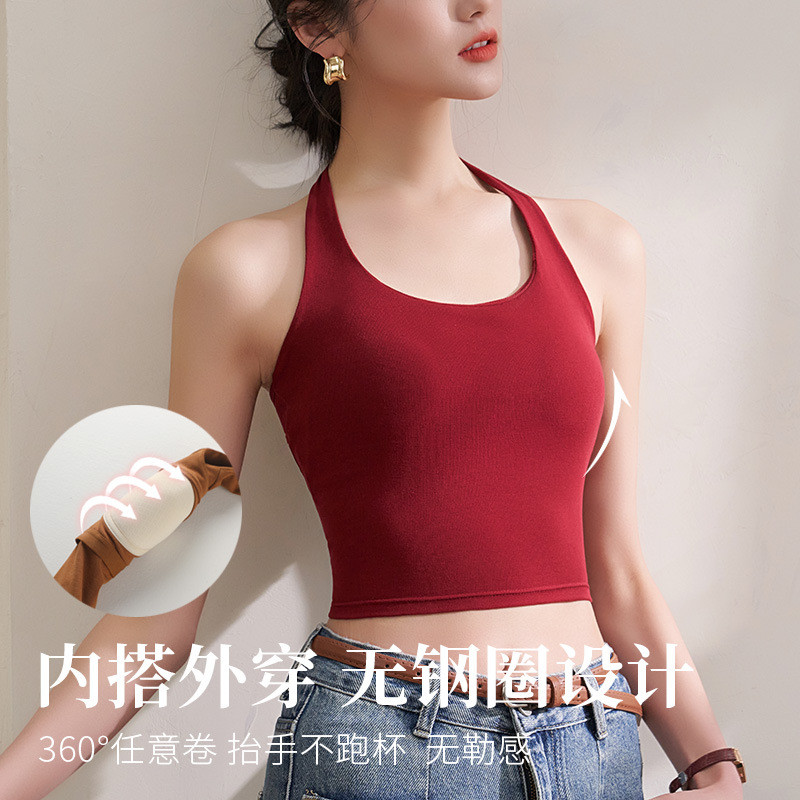挂脖吊带背心女带胸垫短款夏季外穿复古港风美背内衣红色打底上衣