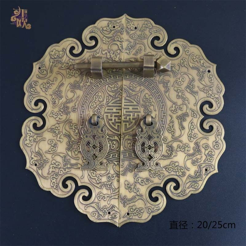 复古中式门窗拉手加厚大衣柜把手如意花边门扣蝙蝠雕花门牌纯黄铜