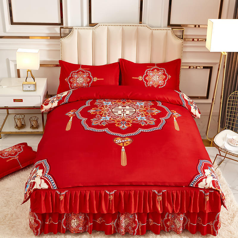 8dwl结婚四件套大红色韩版床裙春秋床上囍子被套4件套新婚庆冬季
