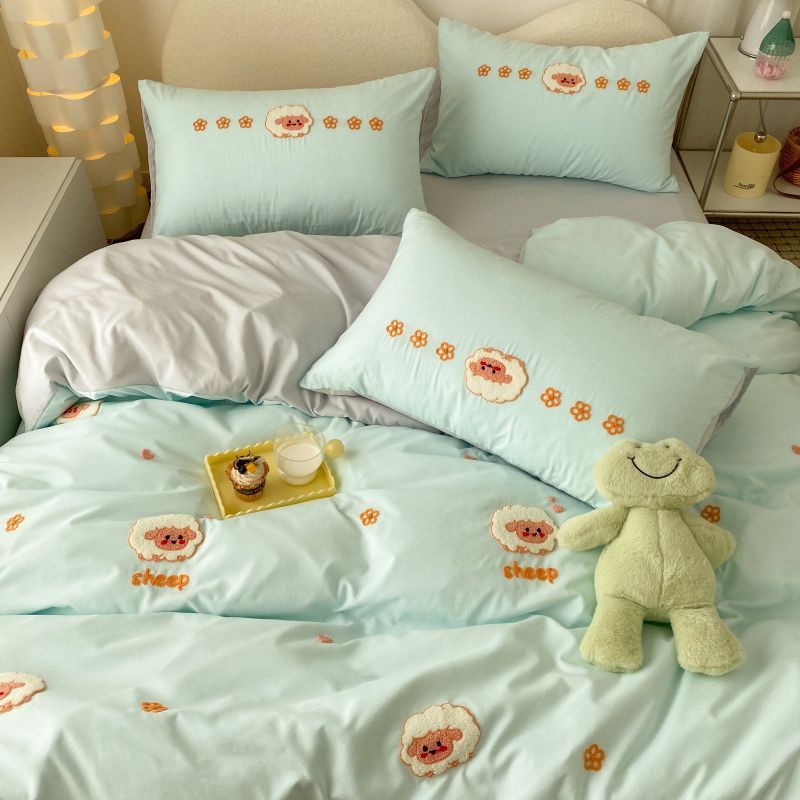 超软超萌简约水洗棉床单四件套全套被套双人家用宿舍床单三件套