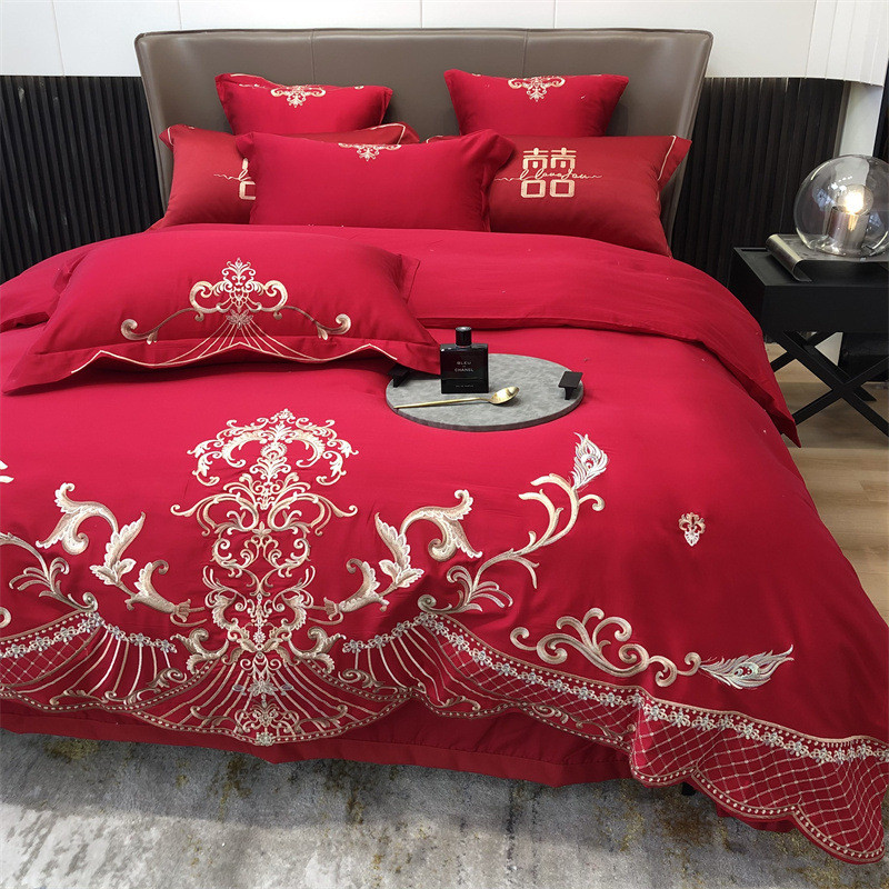 e0pb批发中式婚庆被套床单双人床四件套刺绣结婚被罩大气笠床上用
