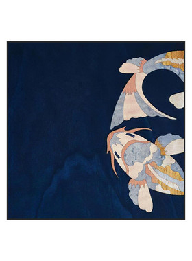 玄关壁画蓝色锦鲤沙发背景墙新中式客厅装饰画禅意样板间方形挂画