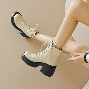 学院风白色马丁靴厚底增高头层牛皮粗高跟短靴百搭双拉链绑带单靴