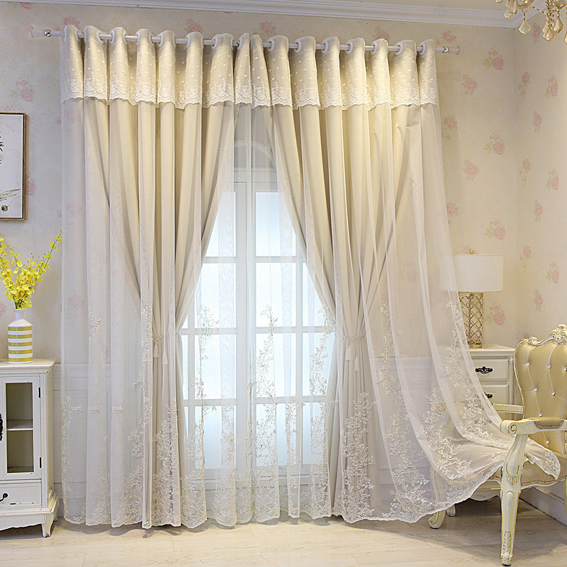 m3no批发田园清新加厚纯色遮光绣花窗帘飘窗客厅卧室阳台布纱一体