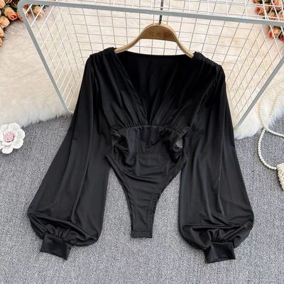 300斤欧美辣妹风深v领收腰显瘦灯笼长袖连体上衣百搭弹力修身t恤