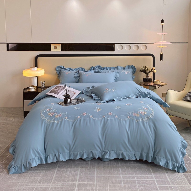 长绒棉公主款韩式加工纯色绣花四件套床单被套床品厂家花边定制