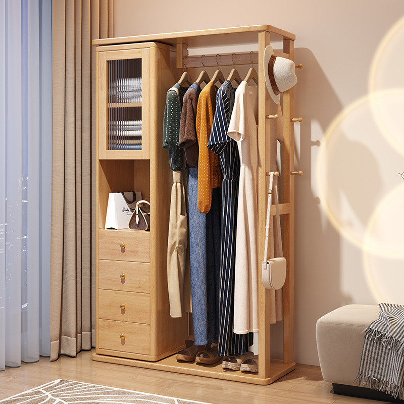 多功能家用可旋转带穿衣镜衣帽架小户型卧室新中式落地实木挂衣架