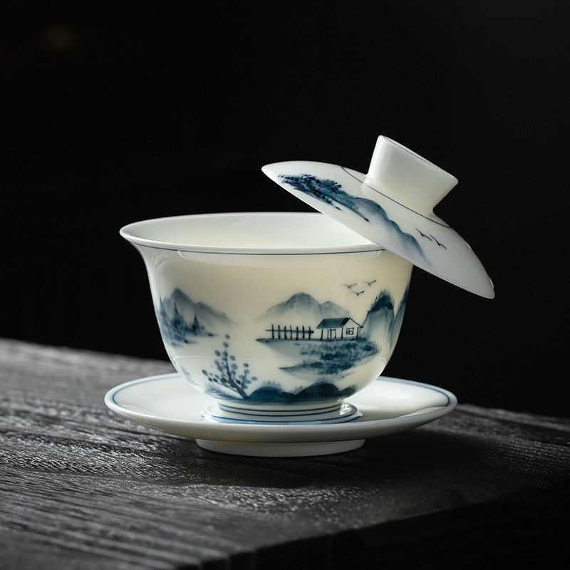 景德镇手绘三才盖碗茶杯单个可悬停功夫陶瓷泡茶器白瓷敬茶碗茶具