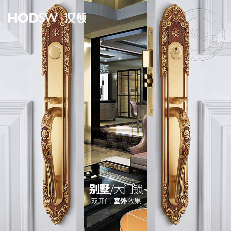 全顿欧式黄铜别墅对开大门锁汉黄铜双开门锁入户门会议室美式大锁