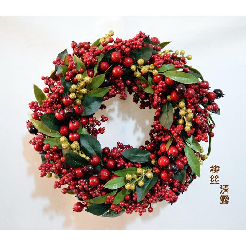 圣诞花环红果门饰挂件仿真植物叶子浆果藤圈挂饰橱窗道具壁挂装饰