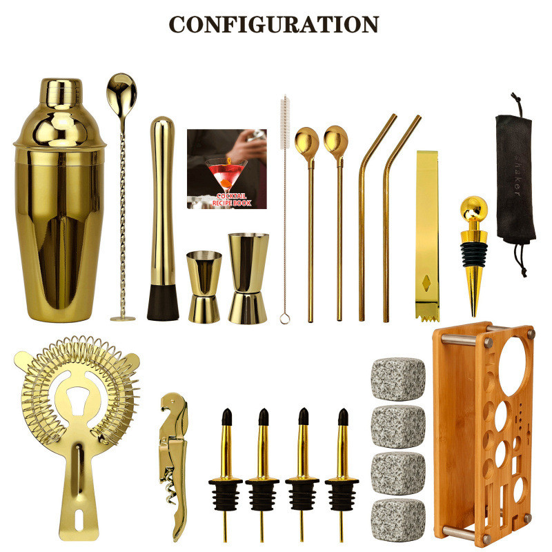 花岗岩调酒器鸡尾酒摇壶调酒工具套装23件套不锈钢可拆卸竹架长方