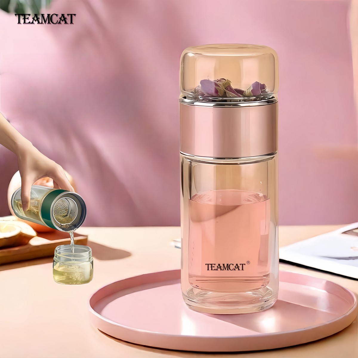 TEAMCAT高档茶水分离玻璃杯女士双层耐热高颜值泡茶杯男定制刻字