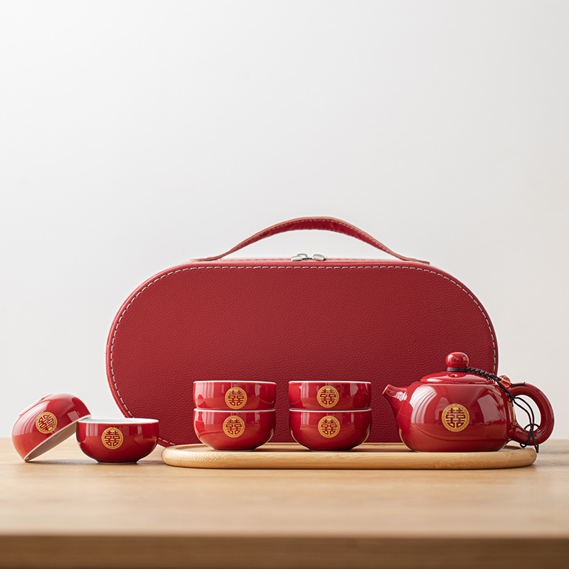 q683结婚喜庆红色用品改口敬茶杯套装喜杯子婚礼陪嫁茶具大寿生日