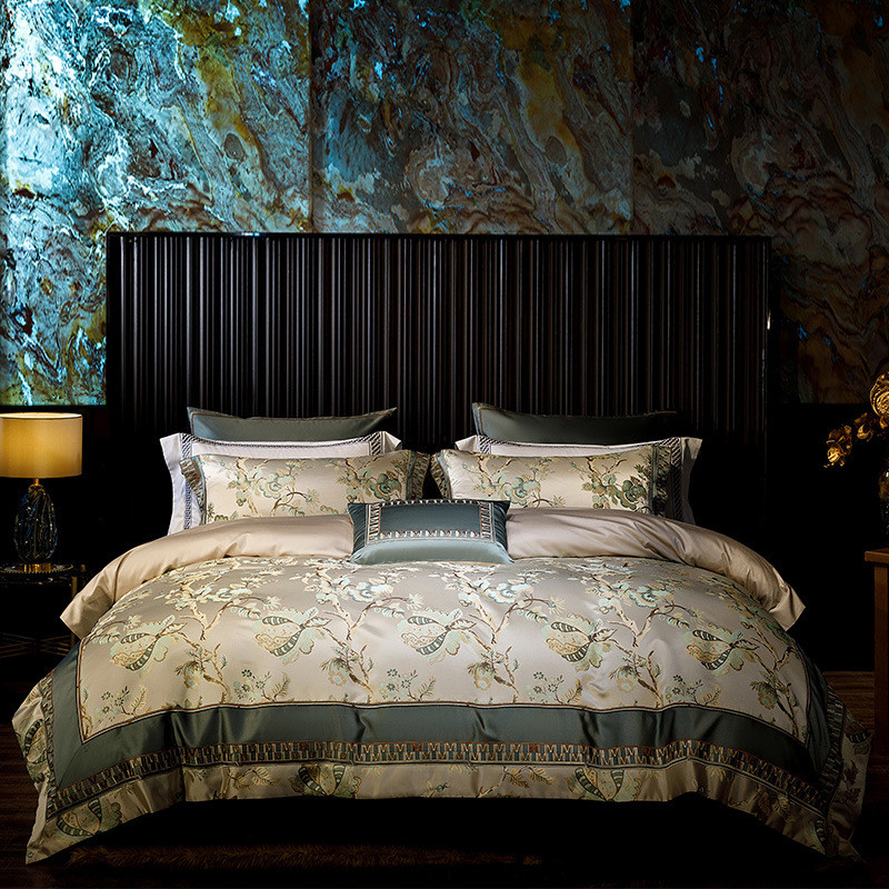 轻奢床上用品四件套高档绿色婚庆四六八十件套刺绣样板房别墅