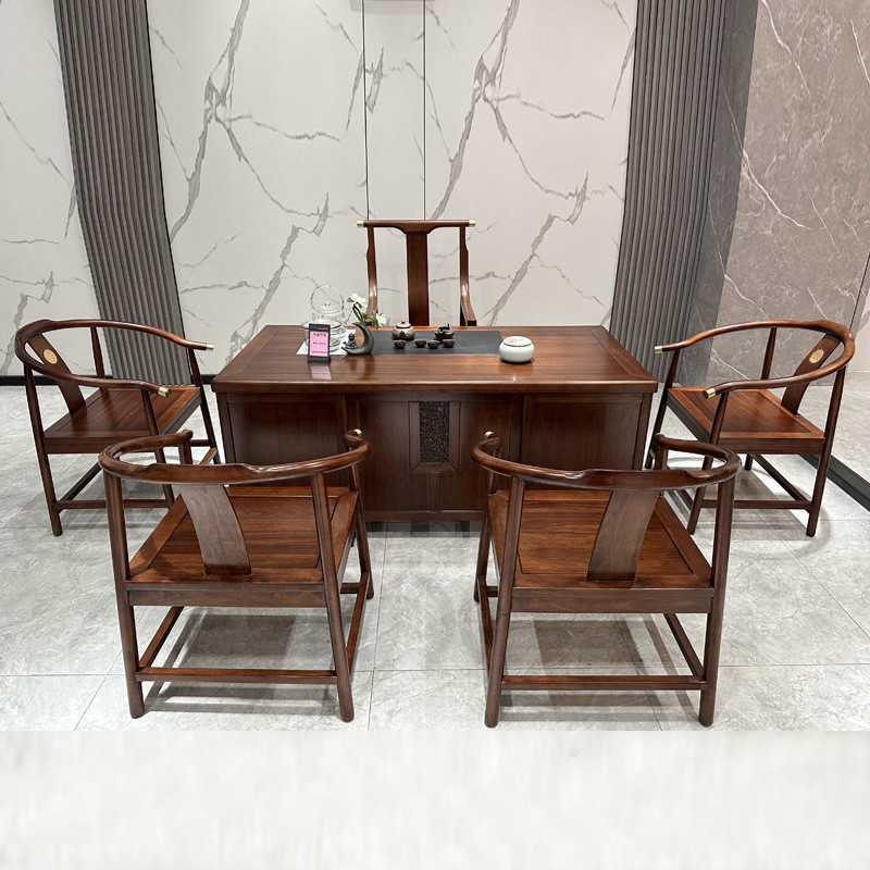 新中式茶桌椅组合简约办公室禅意茶室泡茶台家用茶具套贴乌金木皮