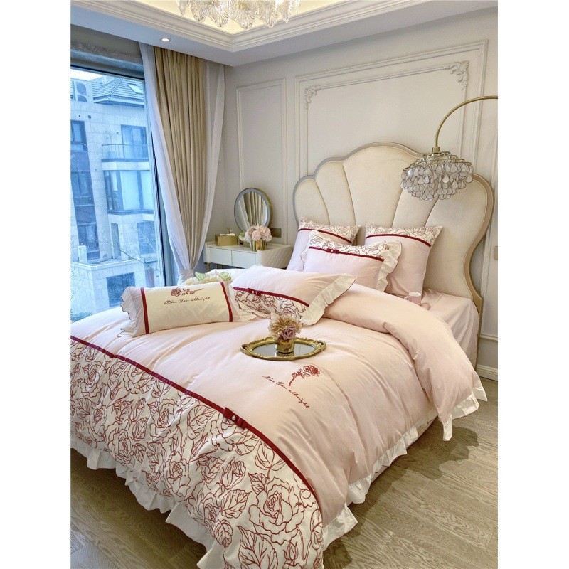 高端轻奢法式手绘长绒棉刺绣四件套100支玫瑰拼接织带被套床单