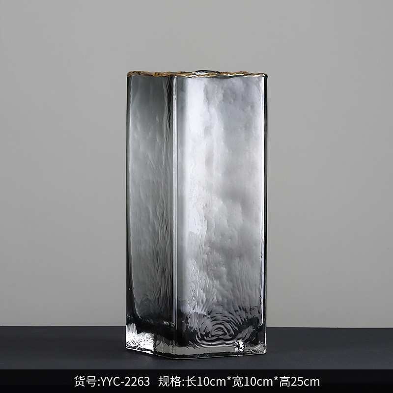 博西家居烟灰色直筒方缸家居金边玻璃花瓶花器摆件水培软装饰品