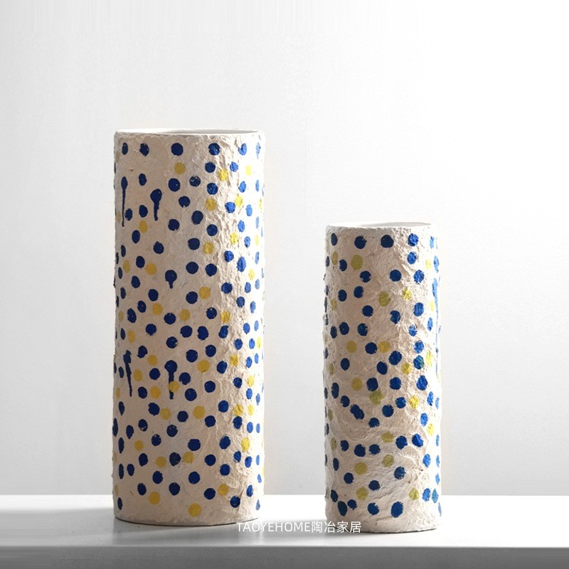 简约创意陶瓷花瓶蓝色波点居家样板房直筒花器软装玄关电视柜摆件