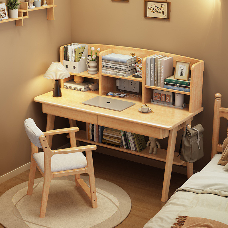 北欧床边书桌带书架学生家用一体写字桌卧室小户型实木儿童学习桌