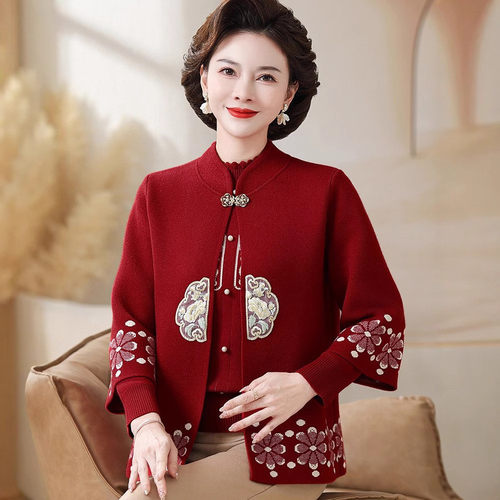 妈妈装春秋冬针织上衣两件套装中老年大码女装外套喜婆婆婚宴礼服