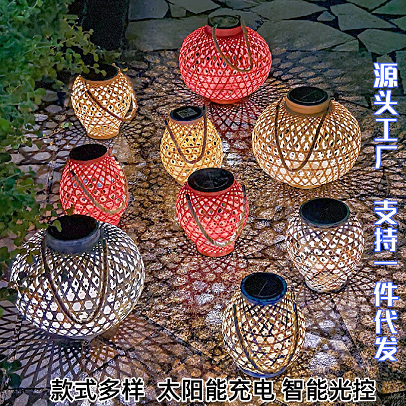 热销太阳能竹编灯笼可户外防水可手提吊灯外挂园林装饰太阳能手提