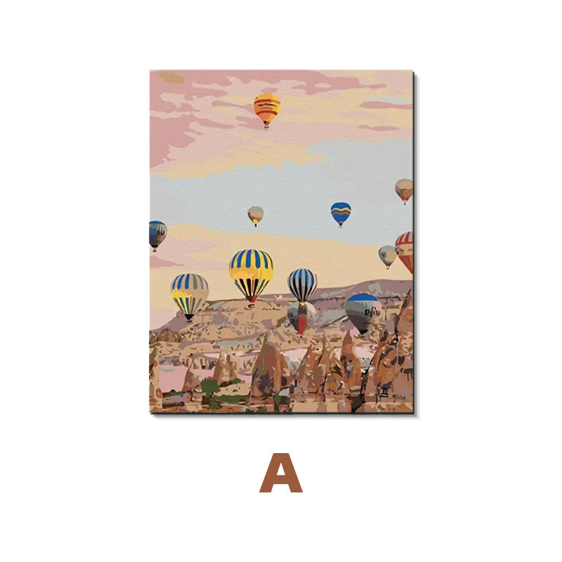 奶油风小众手绘油画卧室治愈系装饰壁画客厅热气球无边框玄关挂画