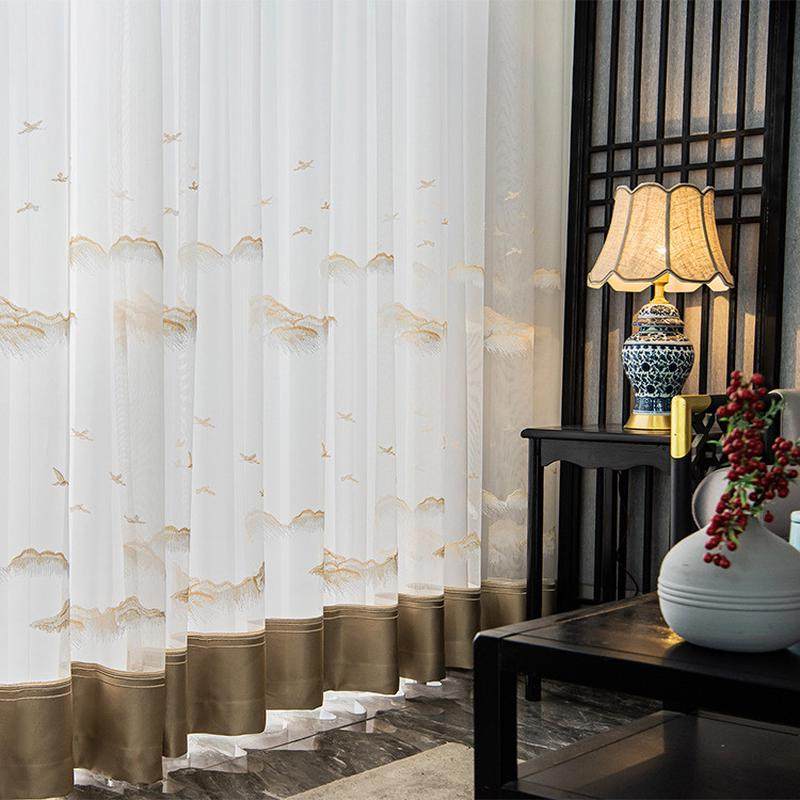 ce2q窗纱新中式山水别墅窗帘墨绿色古典透光纱帘客厅绣花透气落地