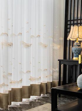 ce2q窗纱新中式山水别墅窗帘墨绿色古典透光纱帘客厅绣花透气落地