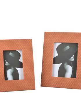 现代创意轻奢简约皮质相框木质工艺品卧室画框摆件编织样板间装饰