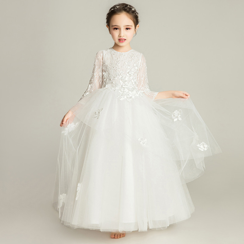儿童礼服公主裙女童婚纱白色花童长裙蓬蓬纱裙钢琴演出表演服洋气