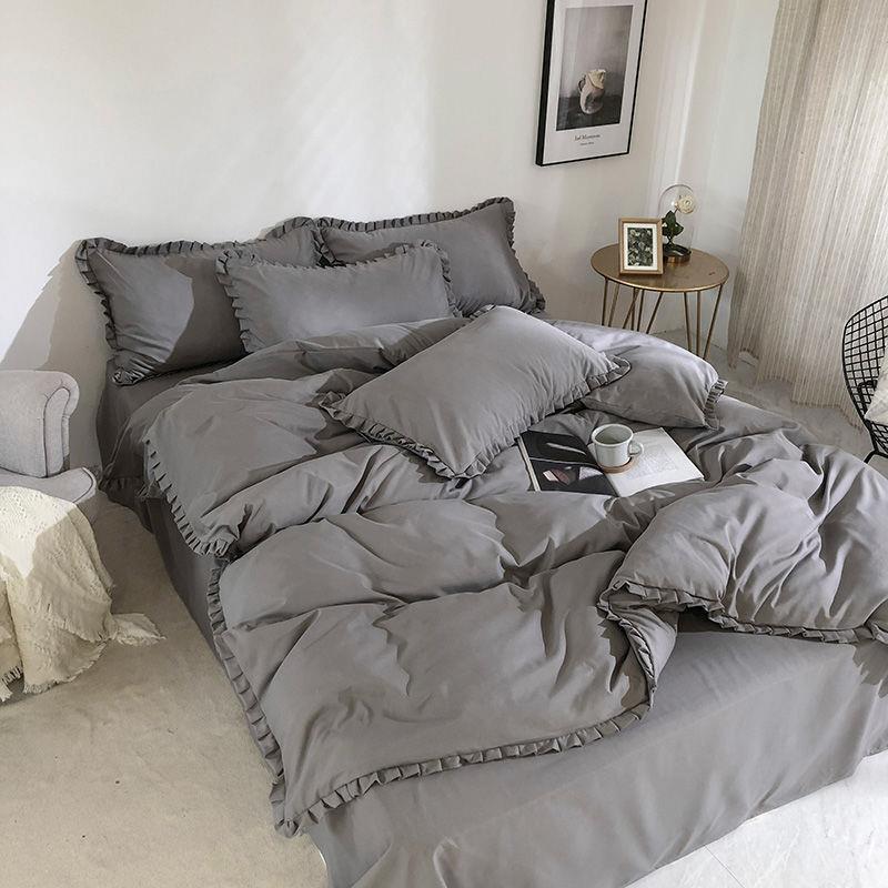 学生宿舍床上三件套绿色少女心花边被套四件套公主风床单床笠ins